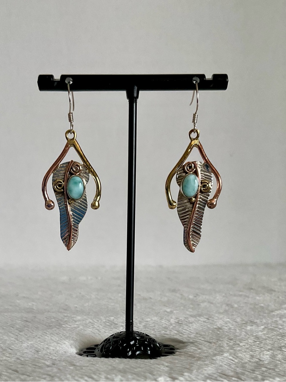 Unique Sterling, Copper and Brass Feather Earrings with Larimar Stone Center